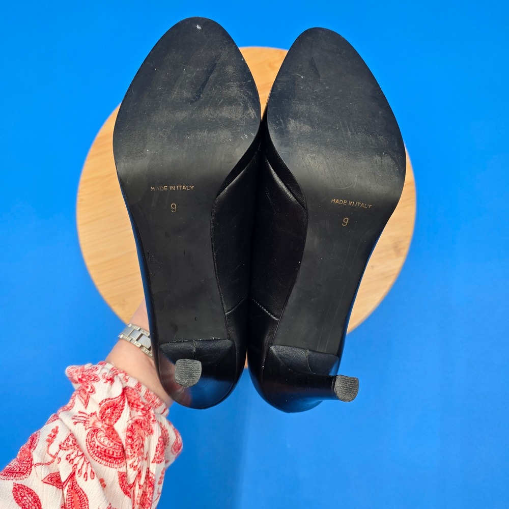 Carisima Italy Black Leather Pom Pom‎ Platform Pumps Heels Size 9 Almond Toe 4" - Picture 6 of 10